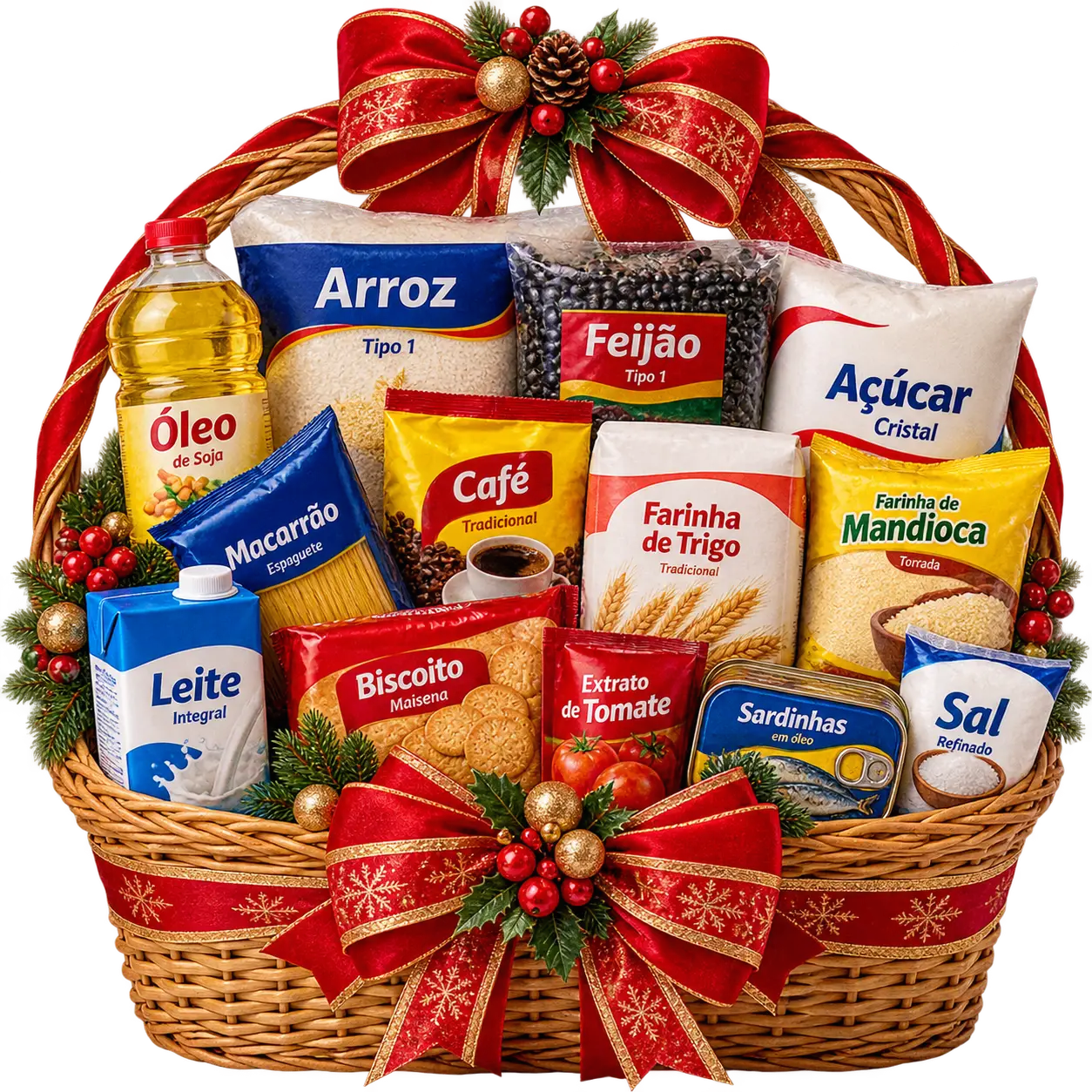 Cesta de Natal com arroz, feijão, óleo, açúcar, café, macarrão, farinhas, leite, biscoito, extrato de tomate, sardinha e sal